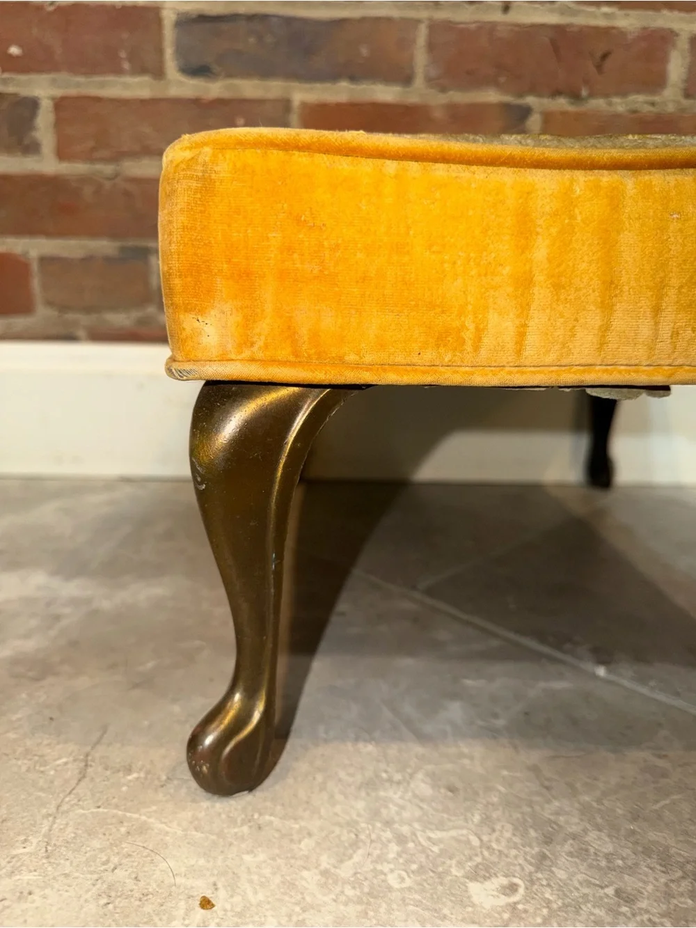 MCM‎ Small Gold Cut Velvet Brass Leg Footstool Ottoman